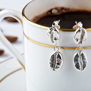Coffee bean drop earrings in silver by Fiona Hutchinson