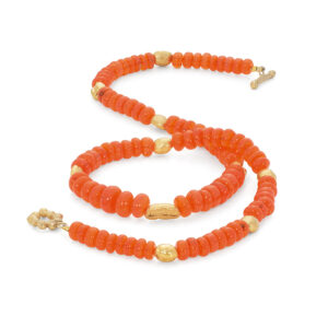 Necklace with fire opals in gilt by Fiona Hutchinson