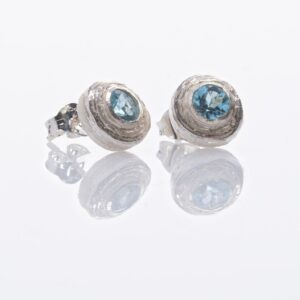 Angelica circle silver earrings with swiss blue topaz by Fiona Hutchinson